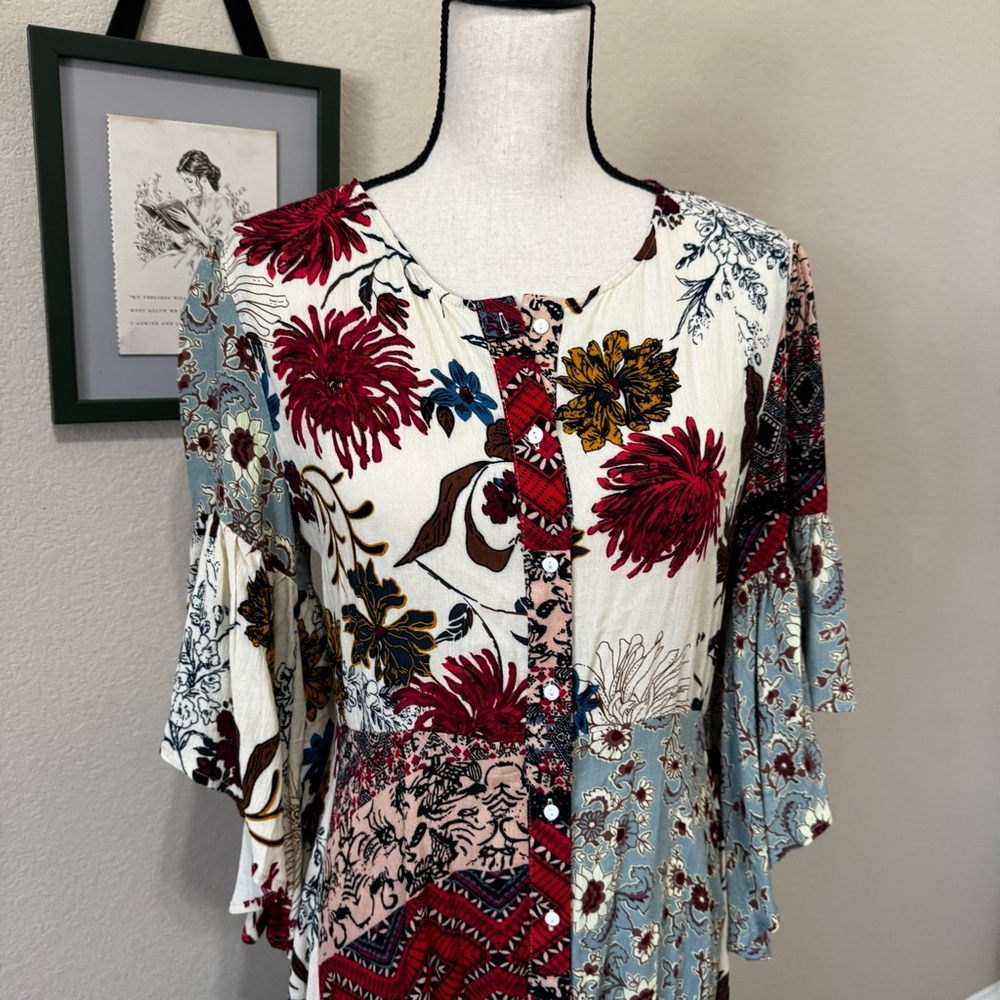 UMGEE | Floral Patchwork Button Front Handkerchief Midi Dress Boho Size Small - Picture 5 of 16